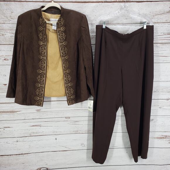 Jessica Howard New Tan Brown Faux Leather Suede 3Pcs. Jacket Pants Size 18 - Picture 1 of 12